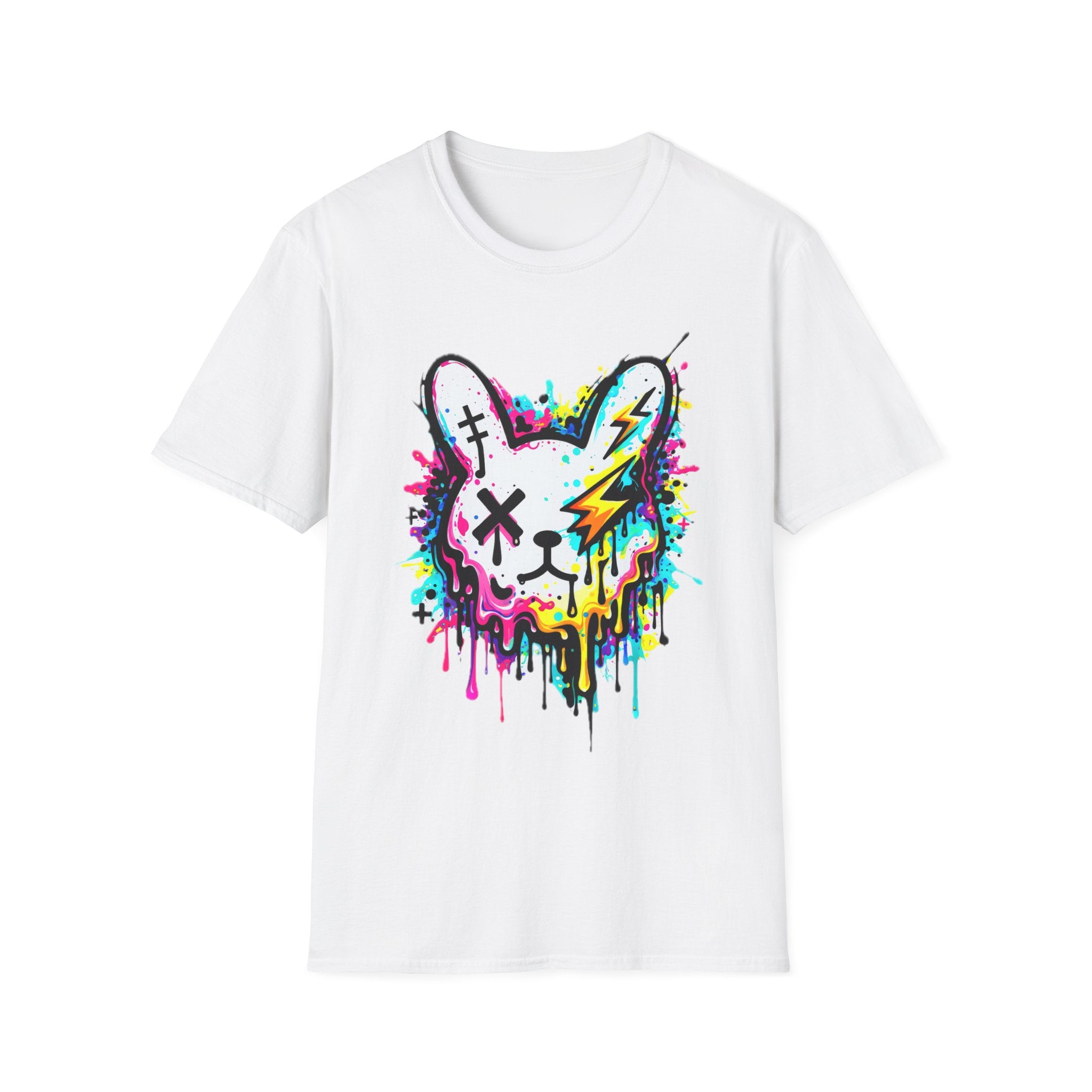 Color Splash Bunny T-Shirt | Neon Paint Drip Rabbit Tee | Graffiti Streetwear Shirt | Static Dust Graphic