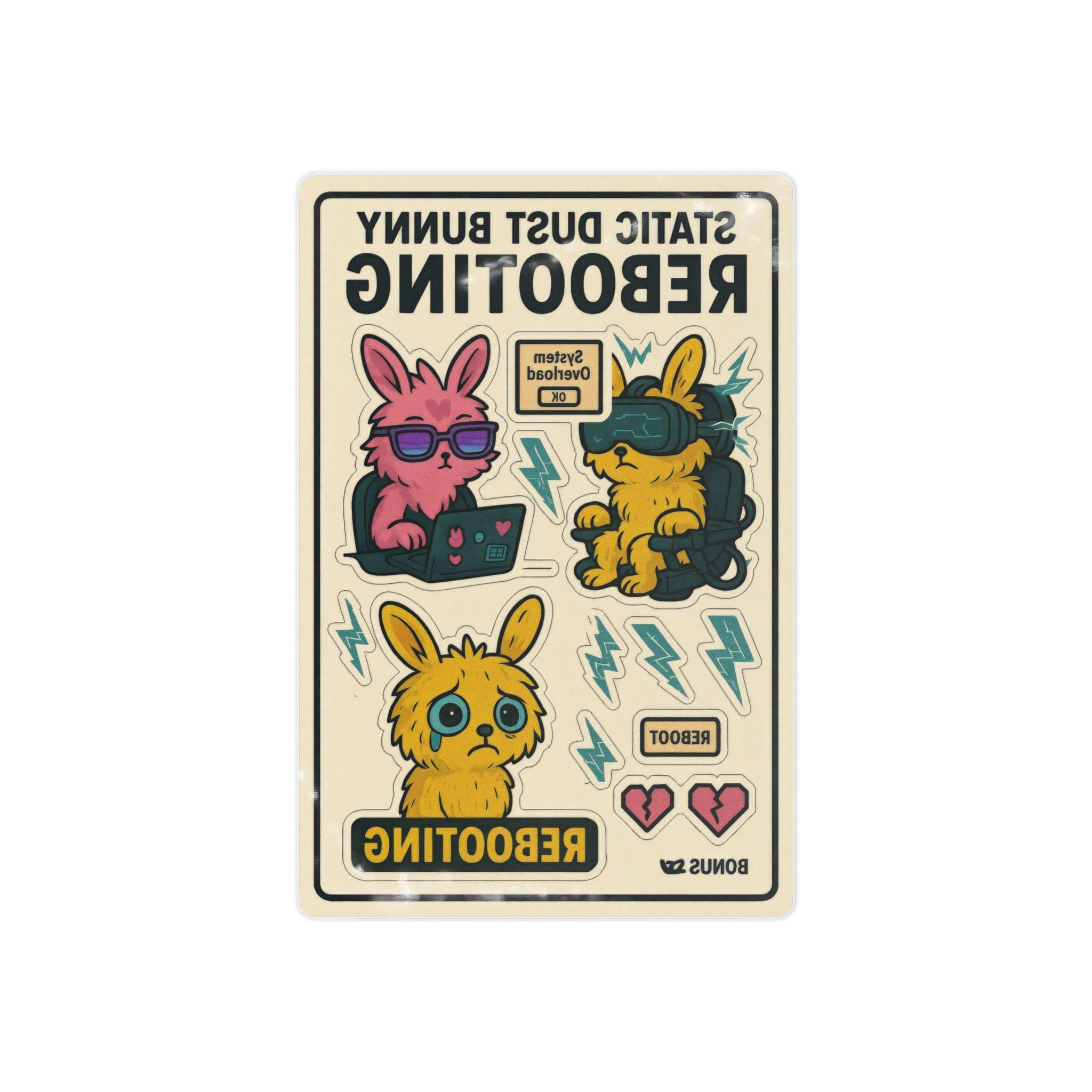 Rebooting Bunnies Temporary Tattoo Sheet — Retro Gamer Cute Glitch Bunny Stickers