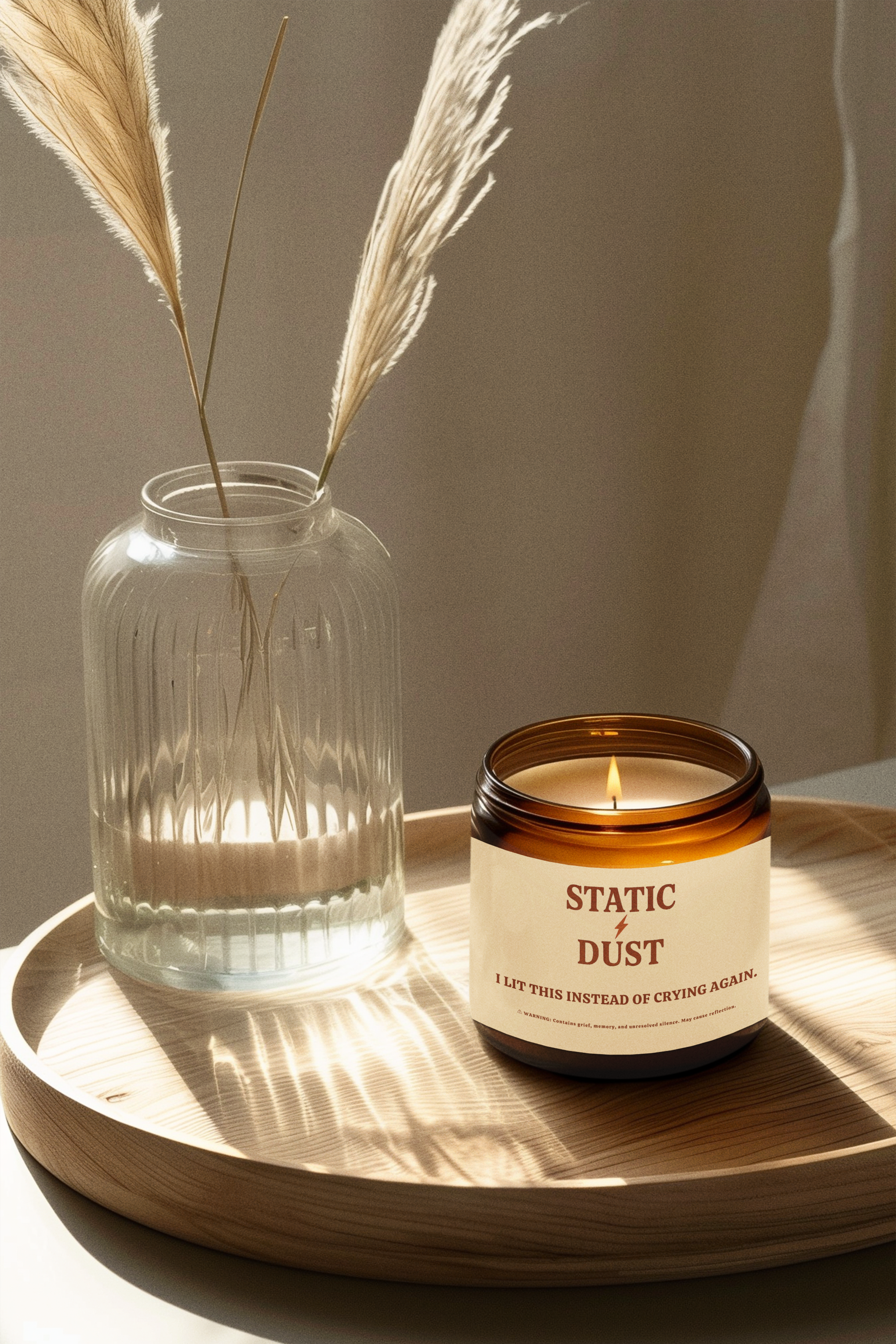 Static Dust Scented Soy Candle 'I Lit This Instead of Crying Again' - 4oz & 9oz Amber Jar with Black Lid
