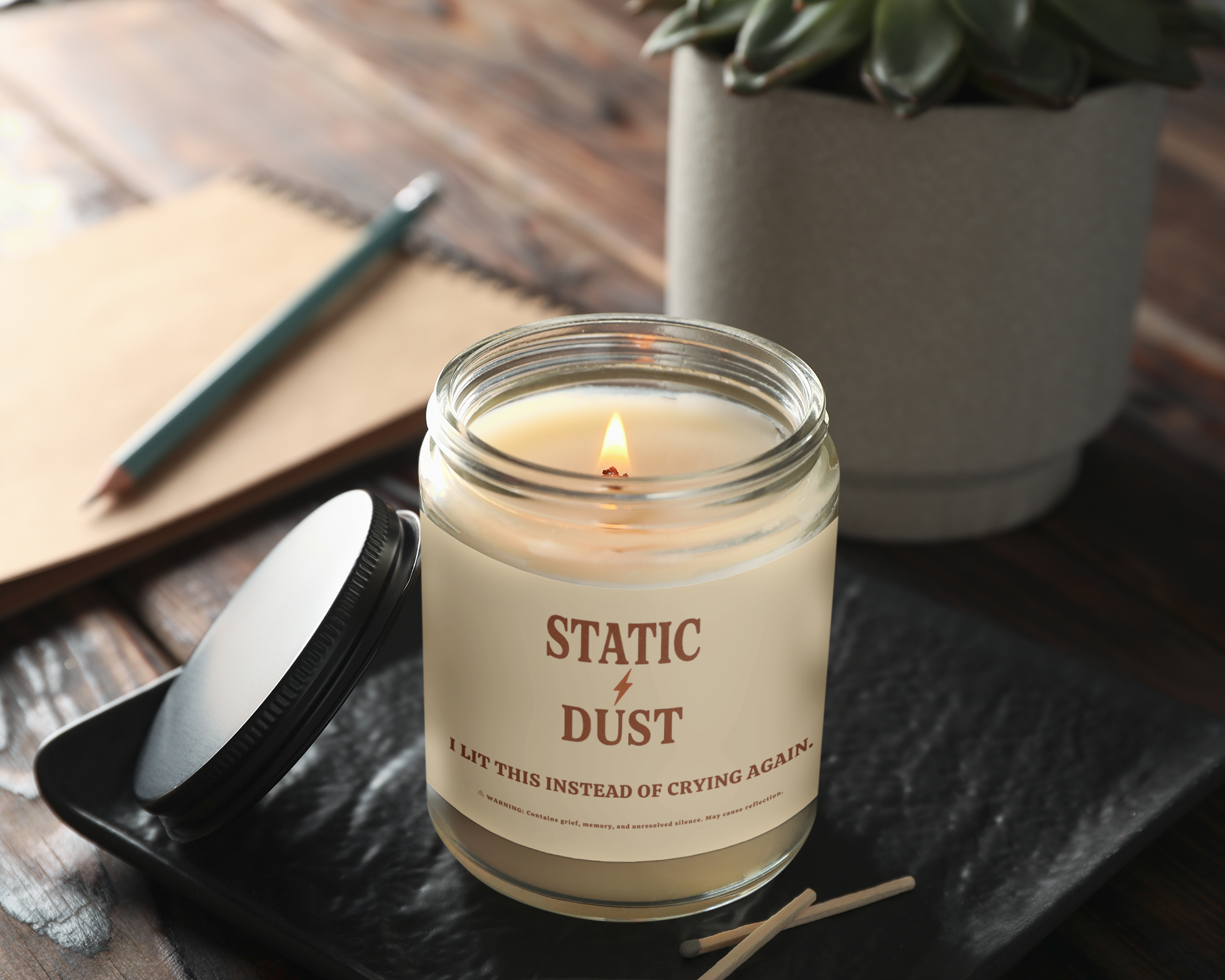 Static Dust Scented Soy Candle 'I Lit This Instead of Crying Again' - 4oz & 9oz Amber Jar with Black Lid