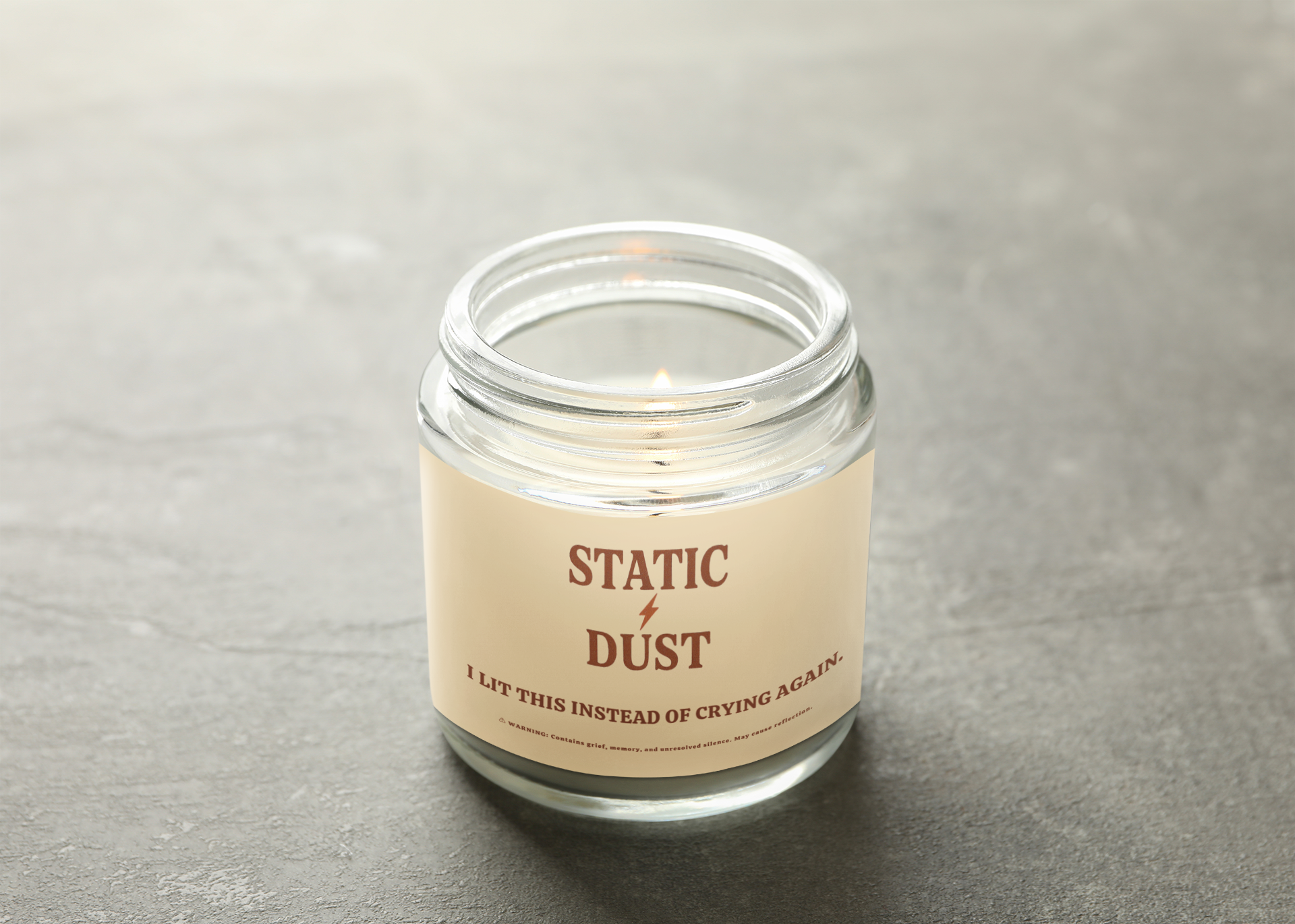 Static Dust Scented Soy Candle 'I Lit This Instead of Crying Again' - 4oz & 9oz Amber Jar with Black Lid