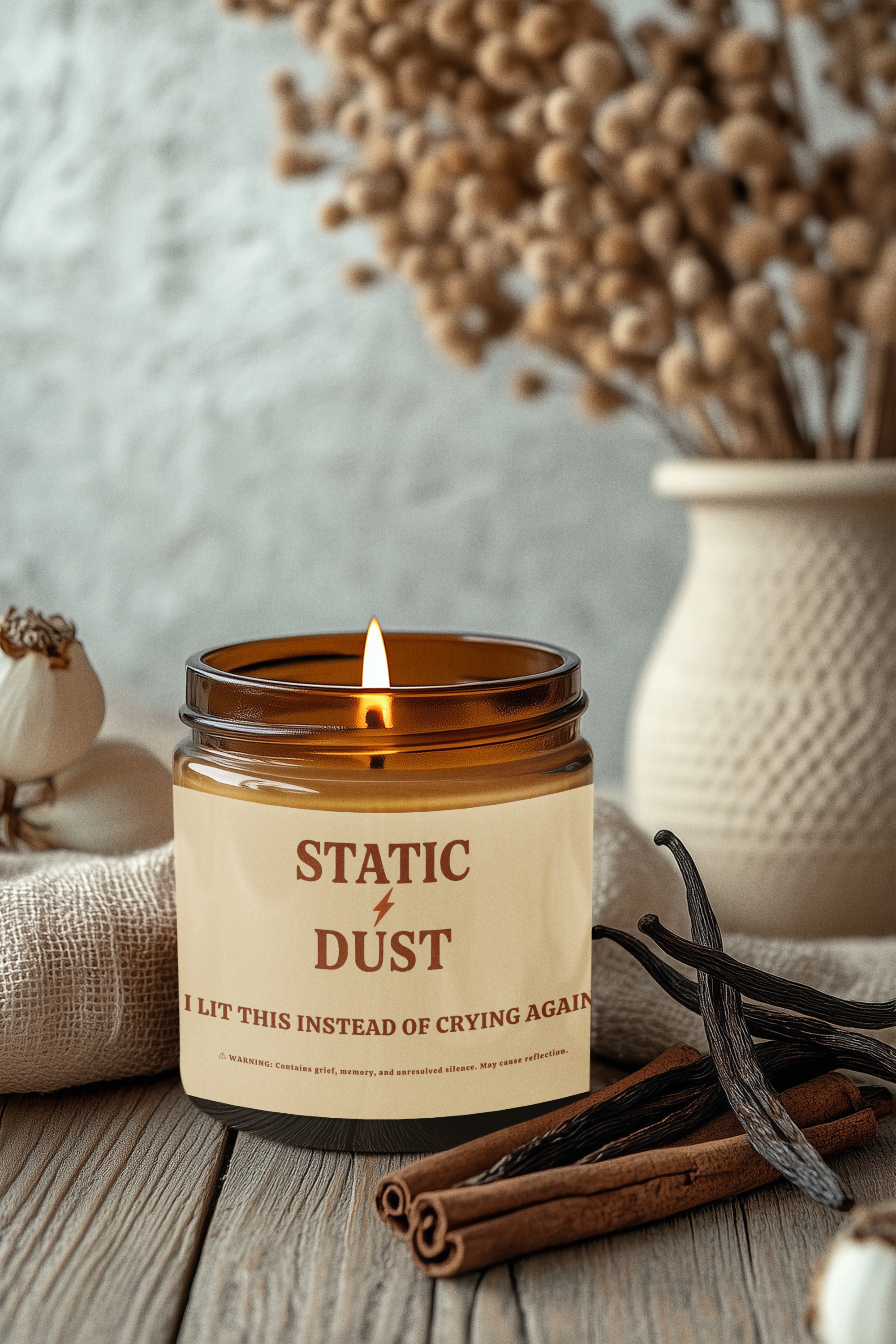 Static Dust Scented Soy Candle 'I Lit This Instead of Crying Again' - 4oz & 9oz Amber Jar with Black Lid