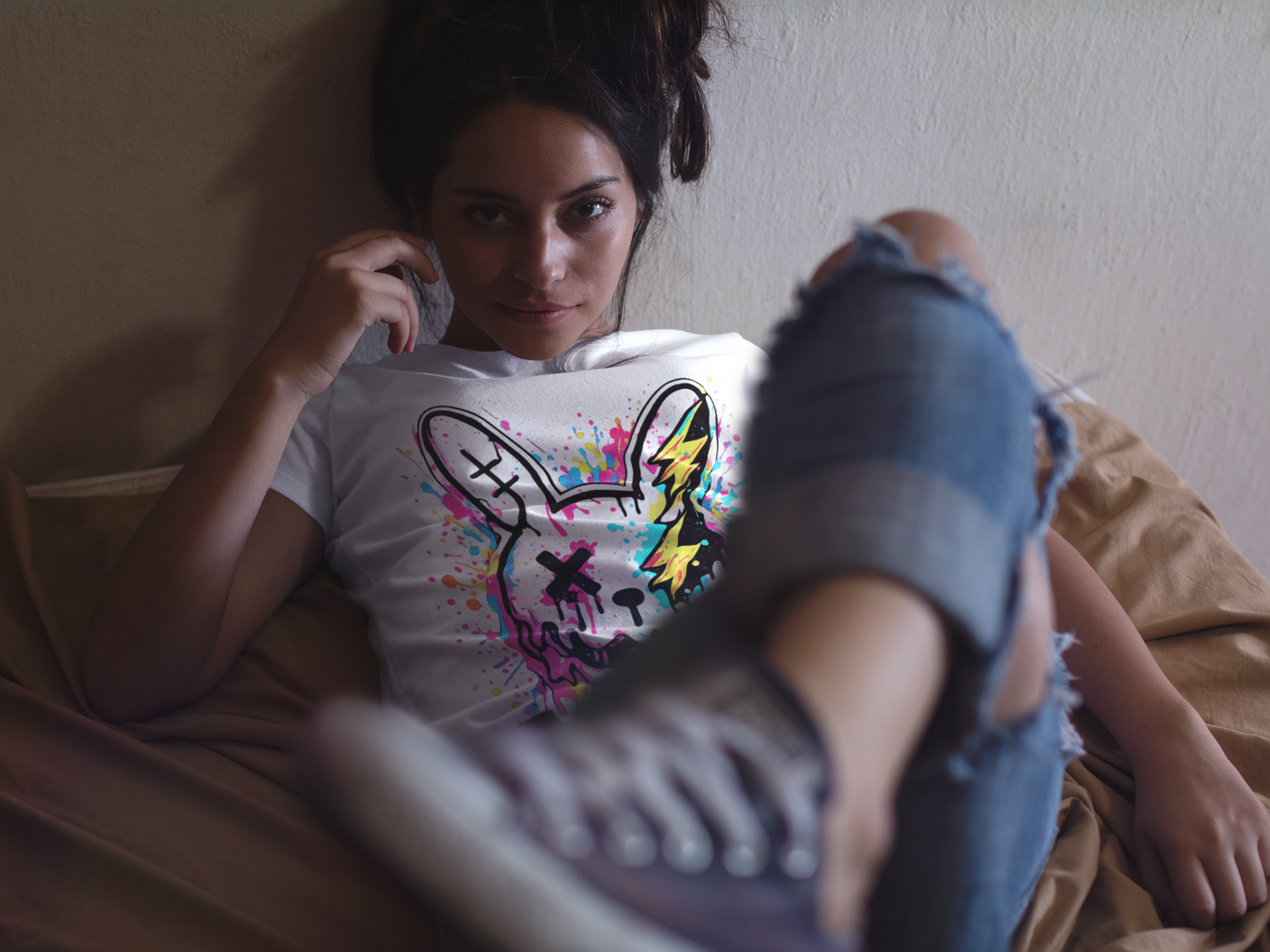 Color Splash Bunny T-Shirt | Neon Paint Drip Rabbit Tee | Graffiti Streetwear Shirt | Static Dust Graphic